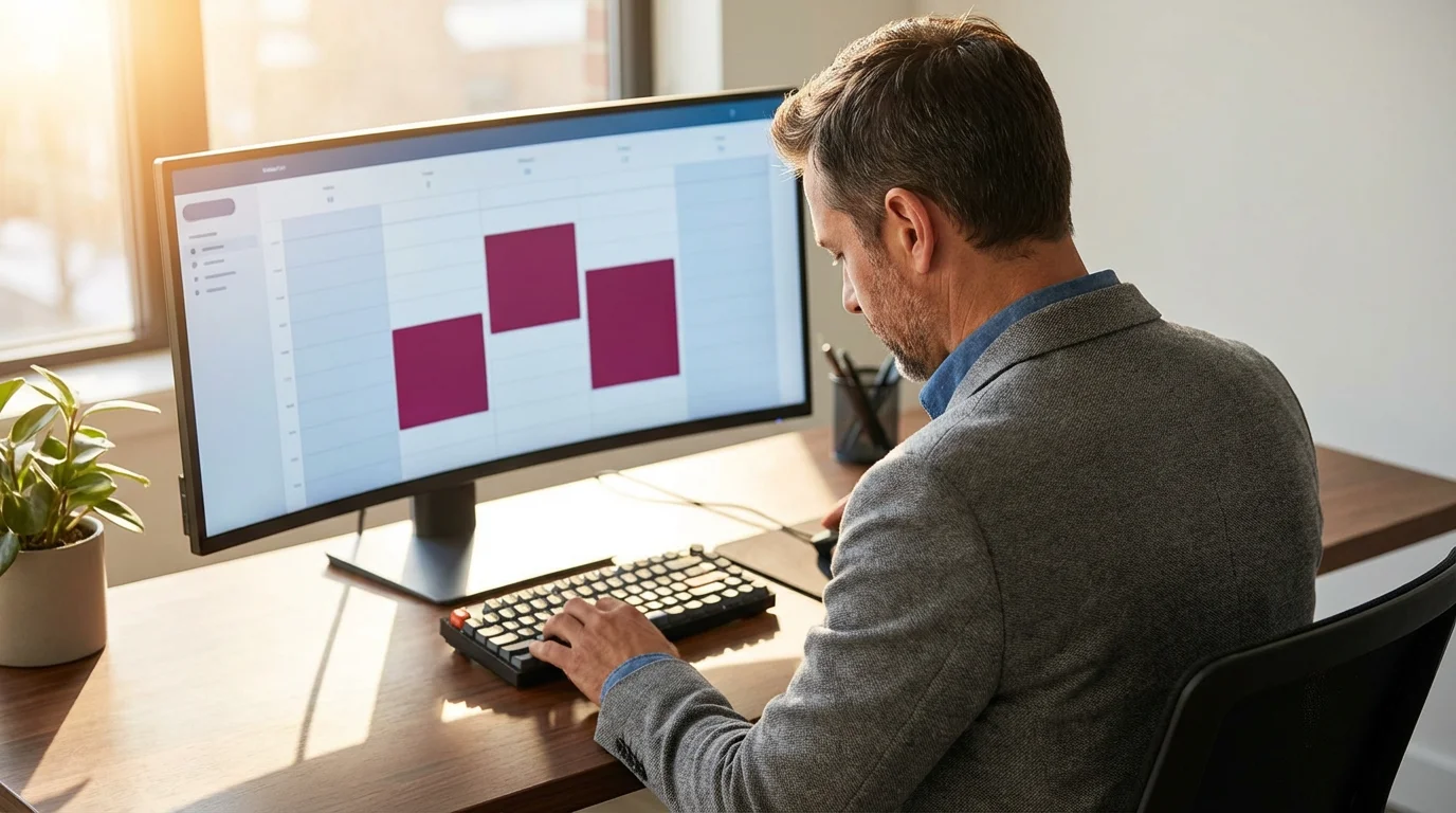 Focused man planning three crucial tasks on a digital calendar in moody afternoon light.