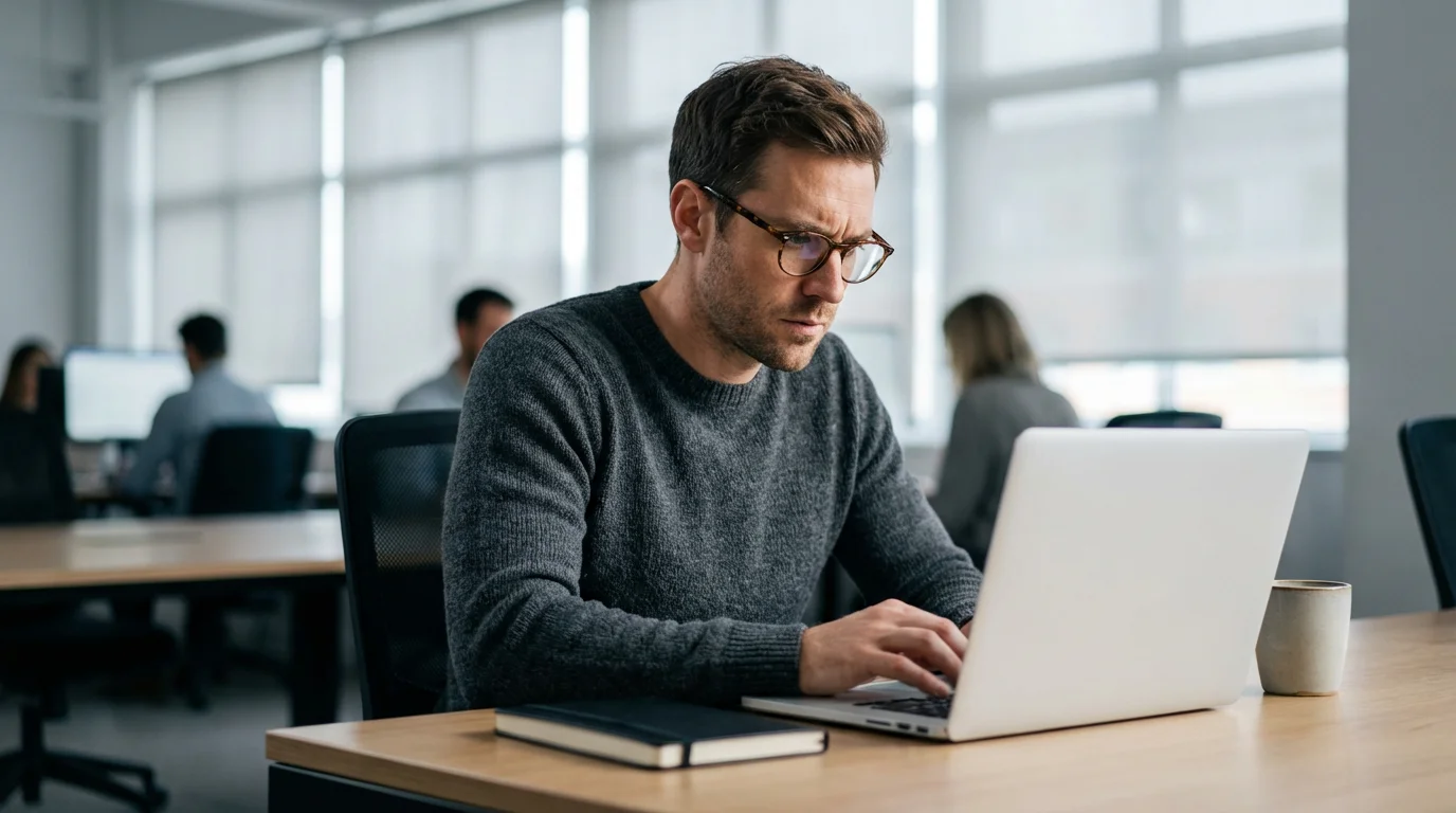 Focused man working intently on laptop in modern office during the day.