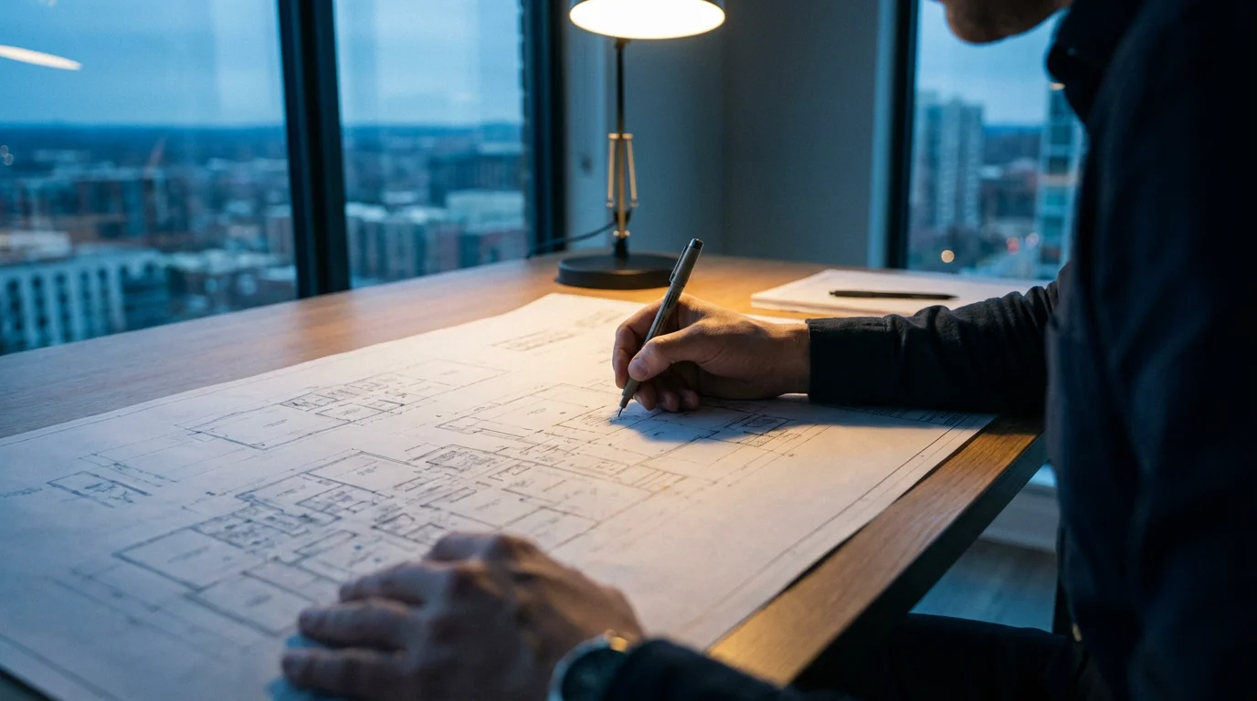 Focused person making a minute, precise adjustment on a technical blueprint during blue hour.