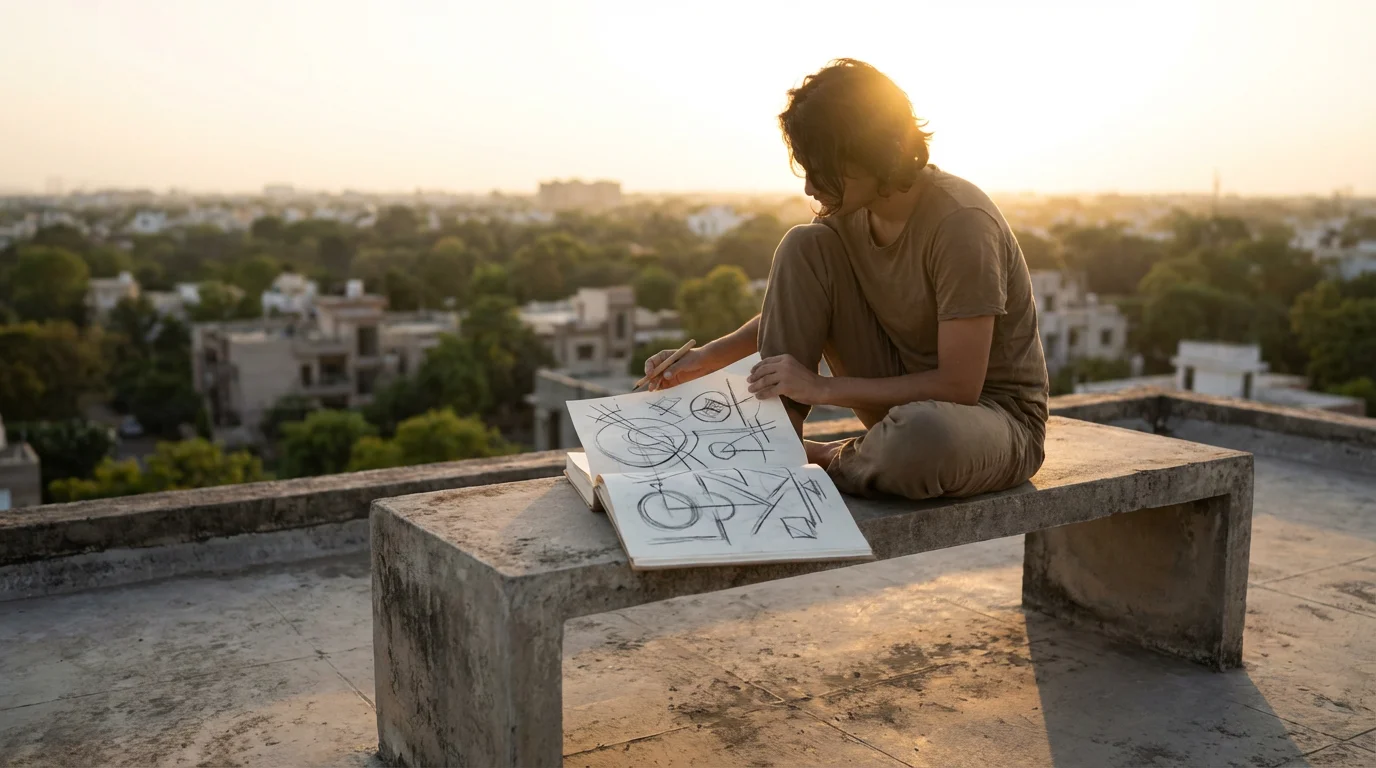 Focused person planning a seven-day challenge on a quiet rooftop during warm golden hour.