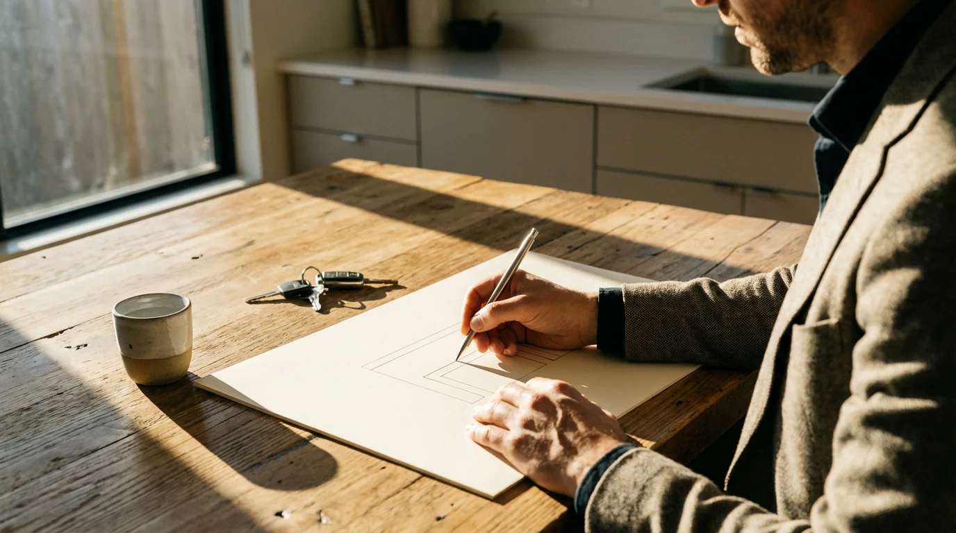 Focused person planning schedule on large paper at a kitchen island under moody afternoon shadows.
