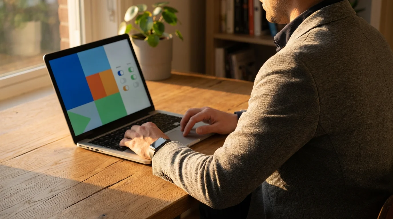 Focused person setting up a simple tech hack on a laptop during golden hour.