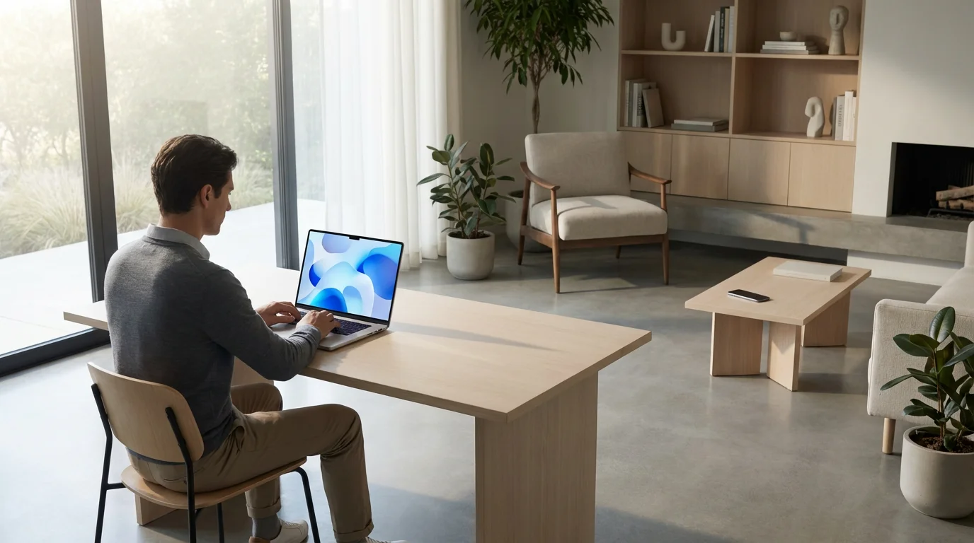 Focused person single-tasking on a clean, clear wooden desk in a sunlit modern office.