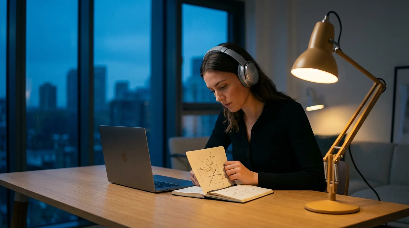 Focused person with headphones writing at desk near window during blue hour twilight.