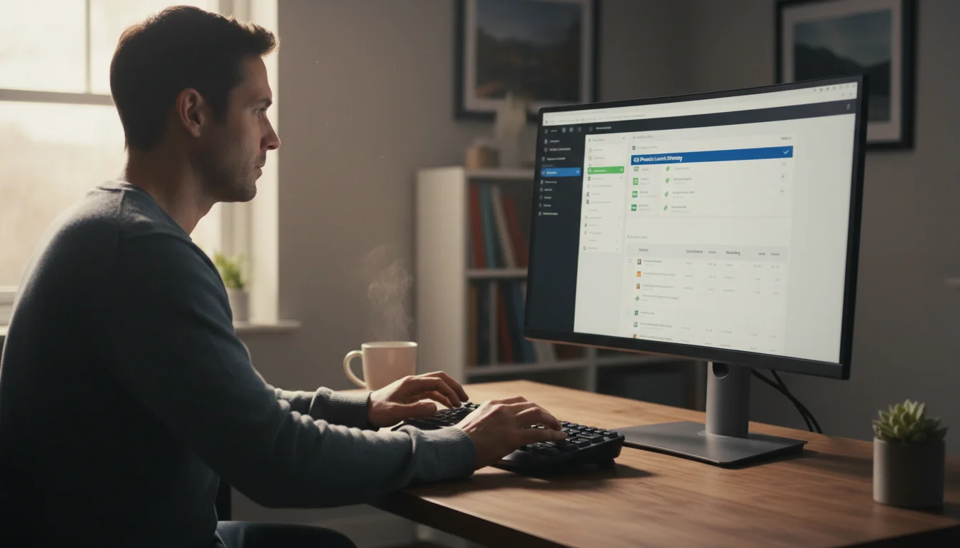 A focused professional at a clean, minimalist desk, contemplating a significant project task highlighted on a Notion dashboard.
