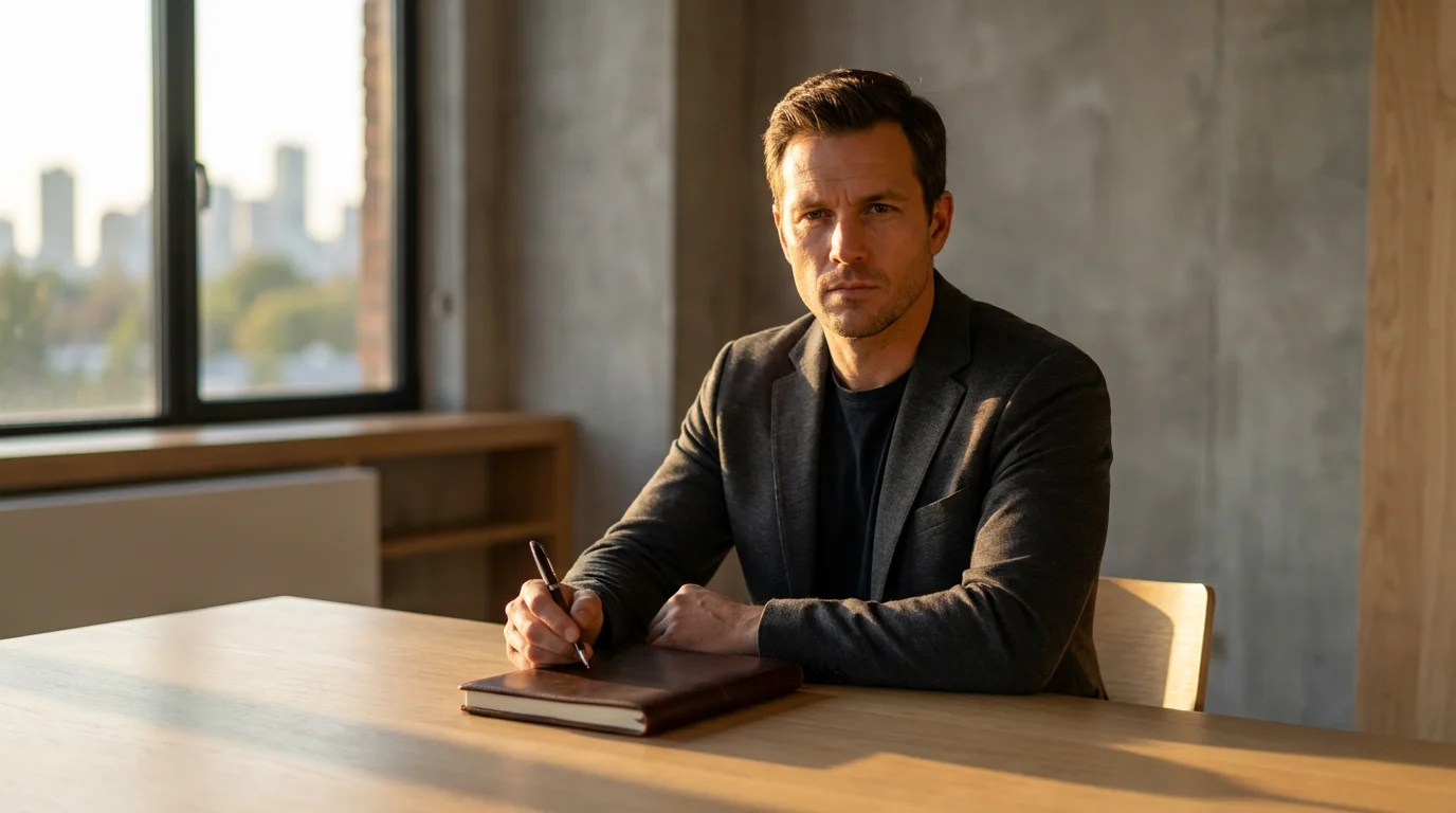 Focused professional contemplating goals at a clean table during golden hour sunlight.