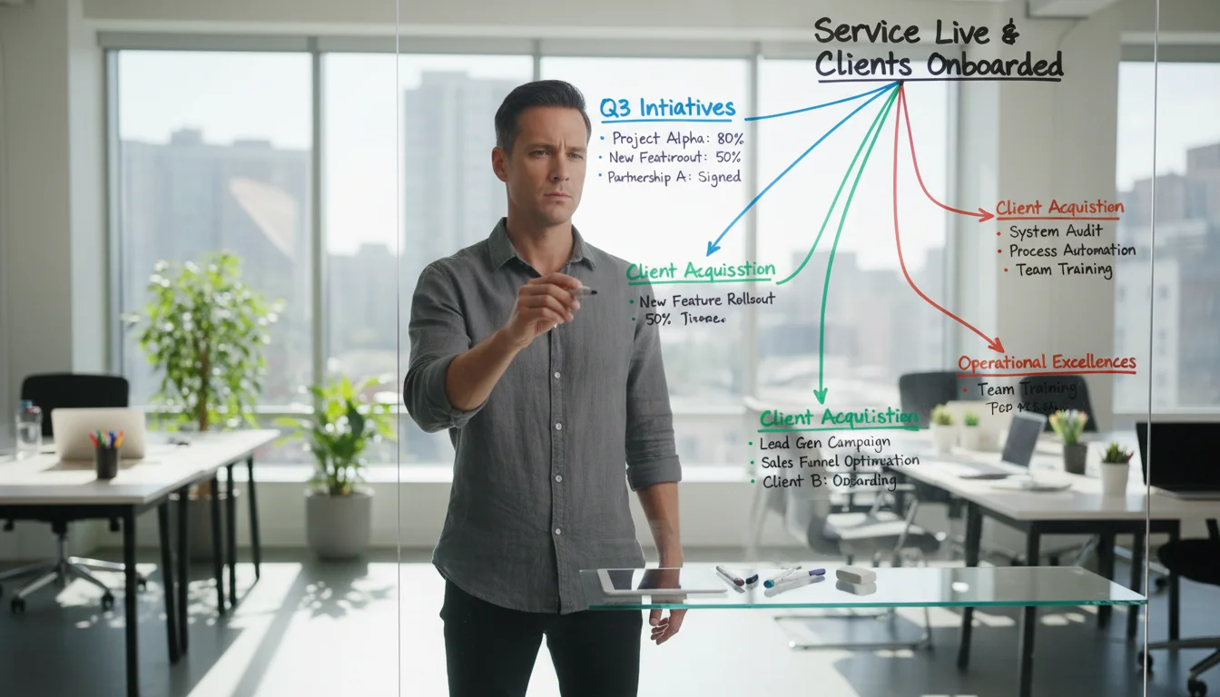 Focused professional mapping out a project timeline in reverse on a clear glass whiteboard in an office.