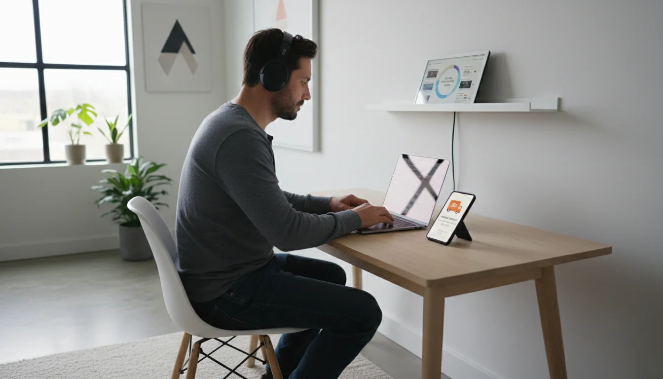 Focused professional at modern home office desk with laptop. Smart devices (phone, display, speaker) show active notifications, subtly disrupting thei