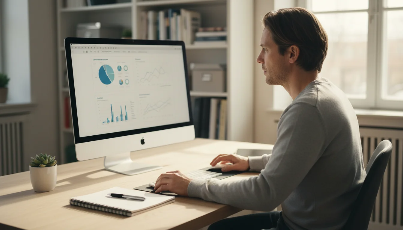 Focused professional in a neat home office, seen from a slightly angled view, looking at a monitor with intent.