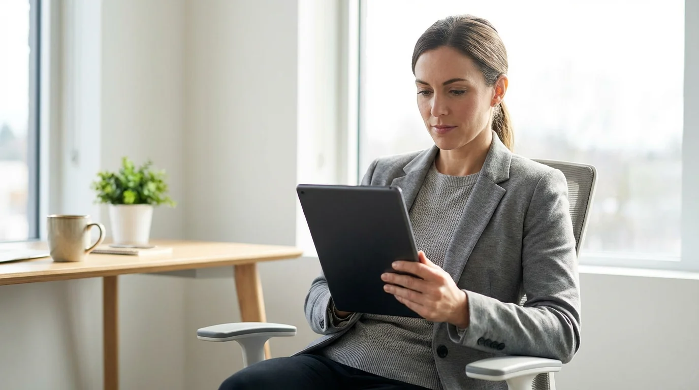 Focused professional reading on a tablet in a modern, bright home office workspace.