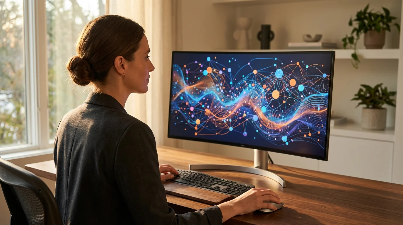 Focused professional studying data science concepts on a large monitor during warm golden hour light.