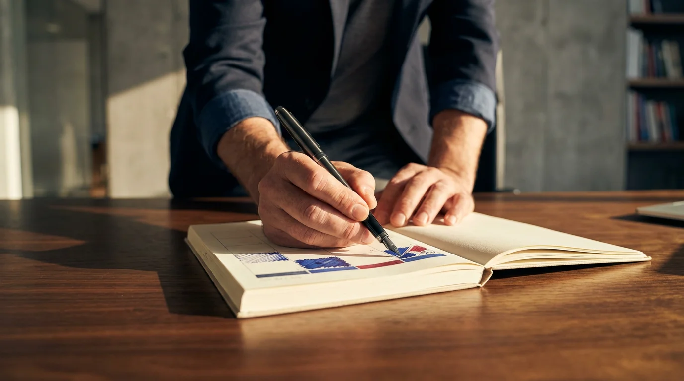 Focused professional time blocking preparation using a paper planner in a moody, shadow-filled executive office.