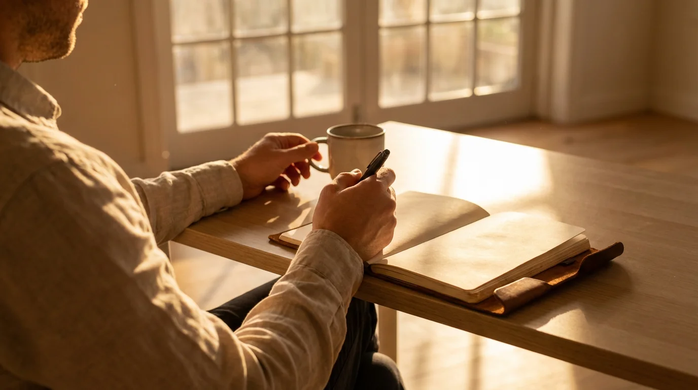 Focused professional writing in a planning journal at a warm, minimalist desk during golden hour.