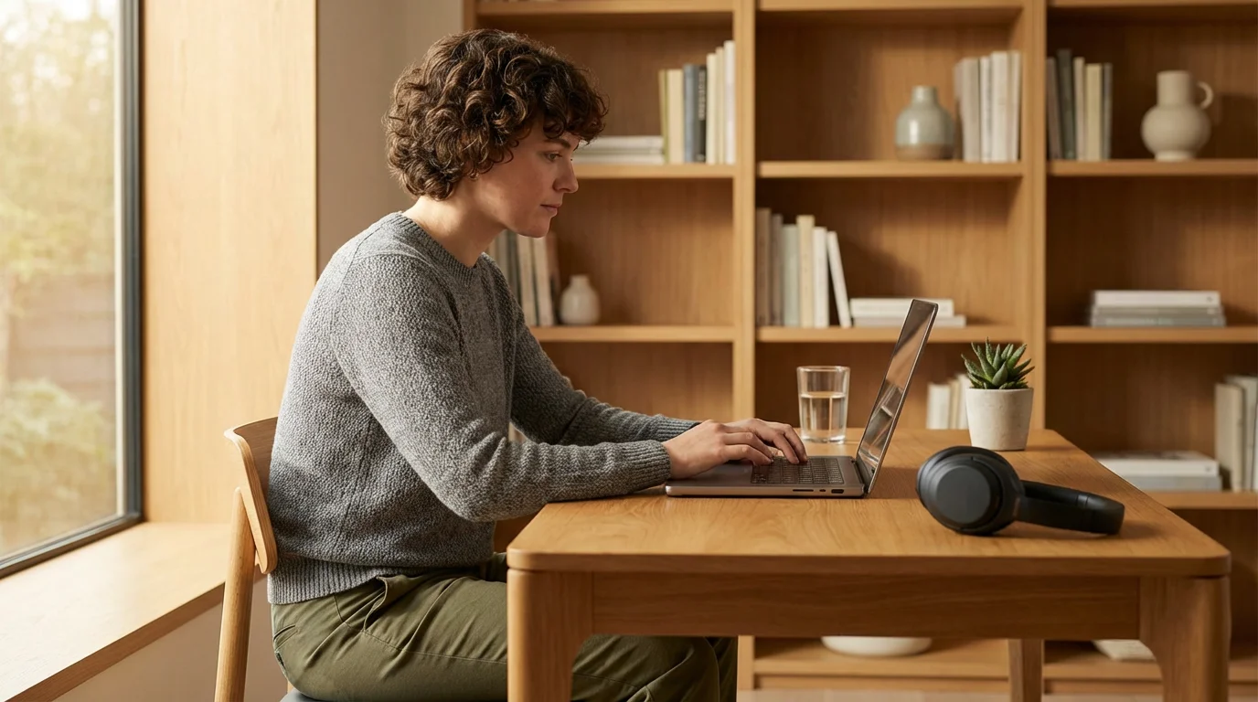 Focused remote worker at a tidy desk with noise-canceling headphones and natural light.
