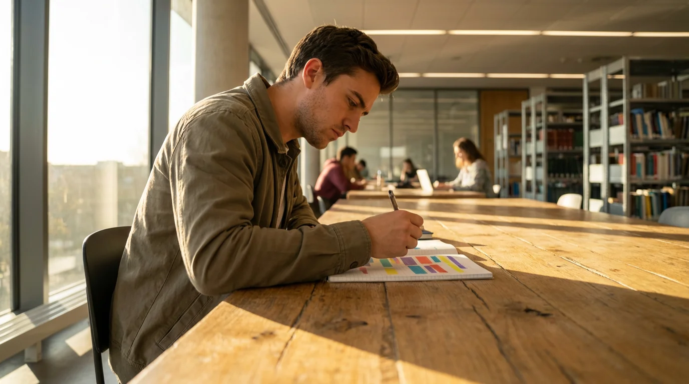 Focused student time blocking his demanding university schedule during golden hour.