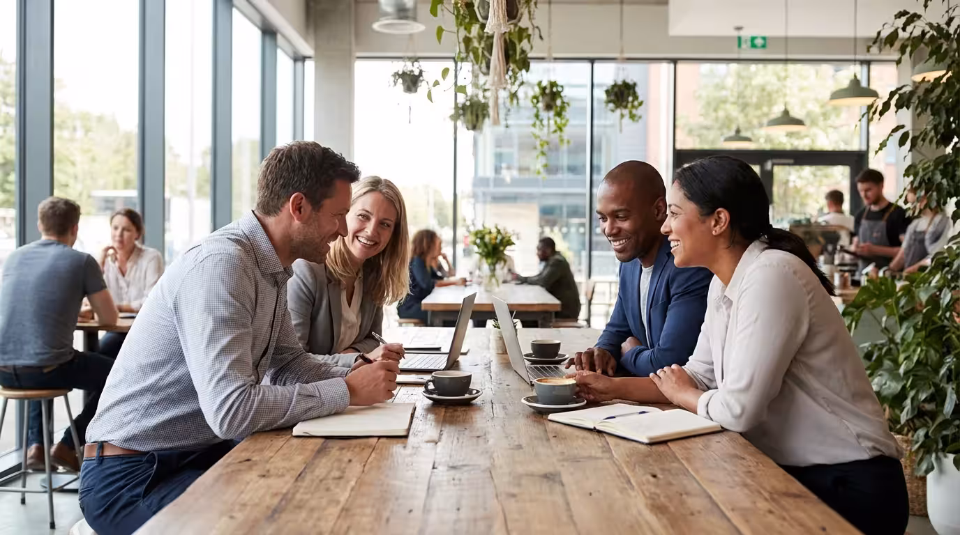 Four friends sitting at a cafe table engaging in a supportive group discussion.
