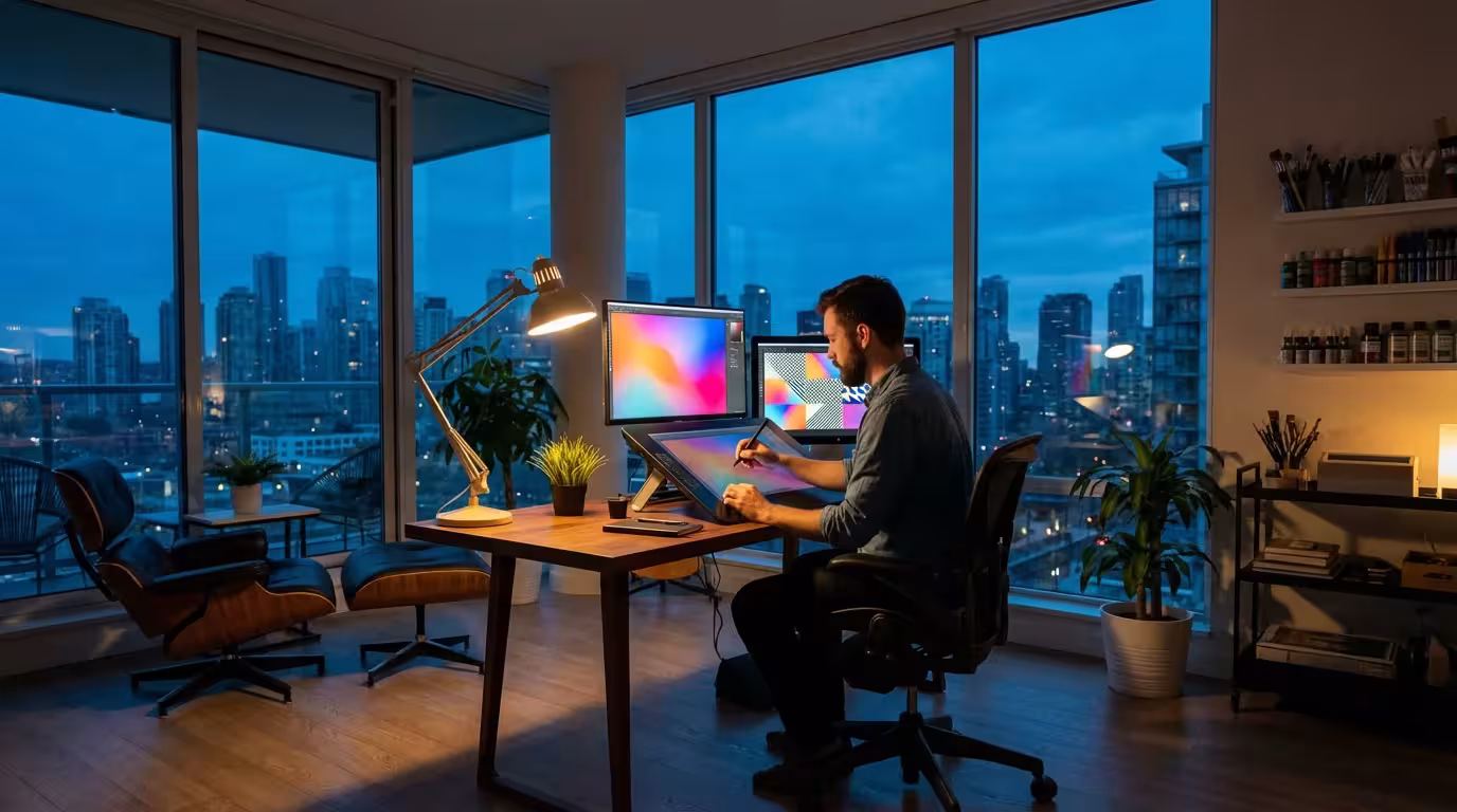 Freelance graphic designer working in a modern home studio at night with city view