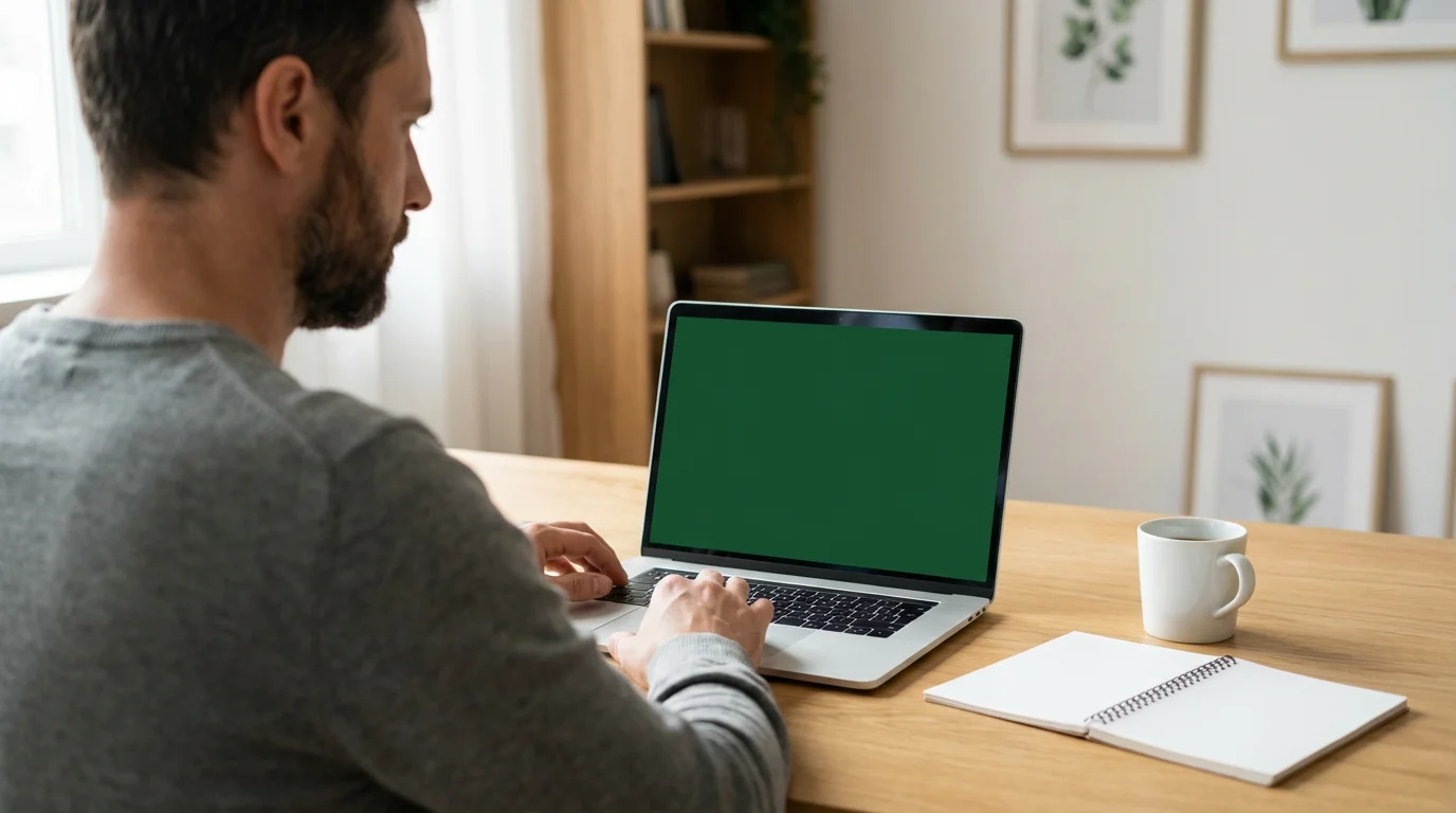 Freelance writer focused on his laptop screen in a brightly lit modern home office.