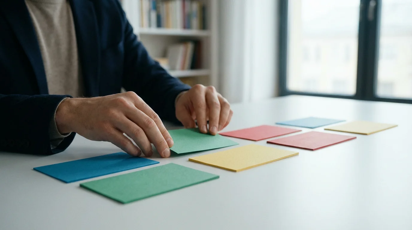 Freelancer organizing blank color-coded index cards on a desk to plan workflow steps.
