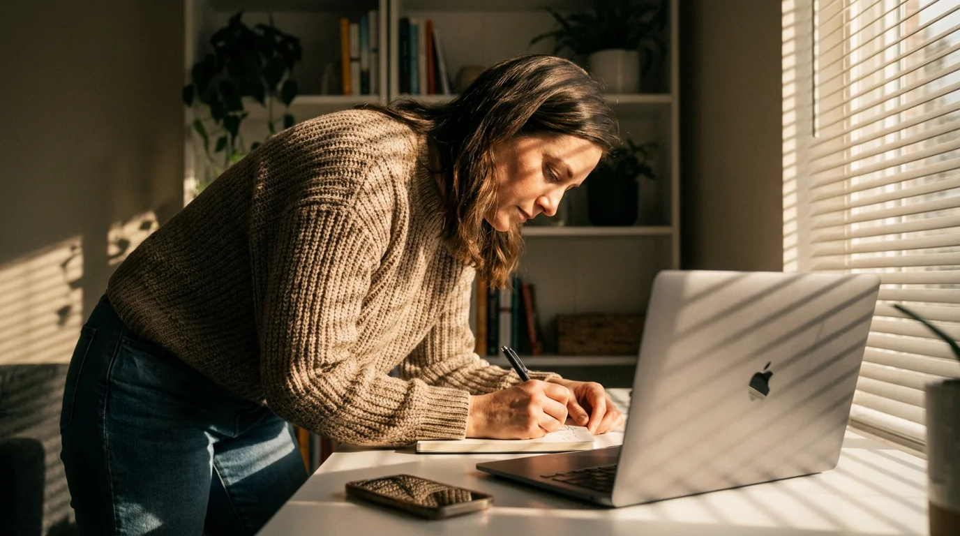 Freelancer working at a desk with dramatic afternoon lighting and shadows.