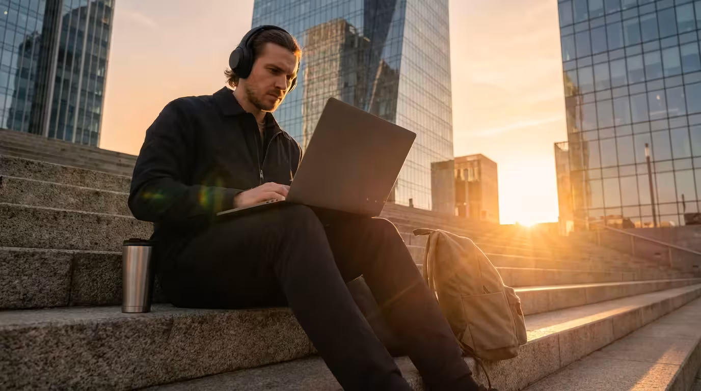 Freelancer working on laptop outdoors on urban steps during golden hour.