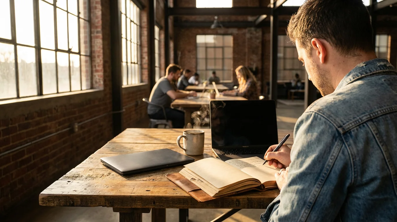 Freelancer writing in a notebook at a sunny co-working space during golden hour.