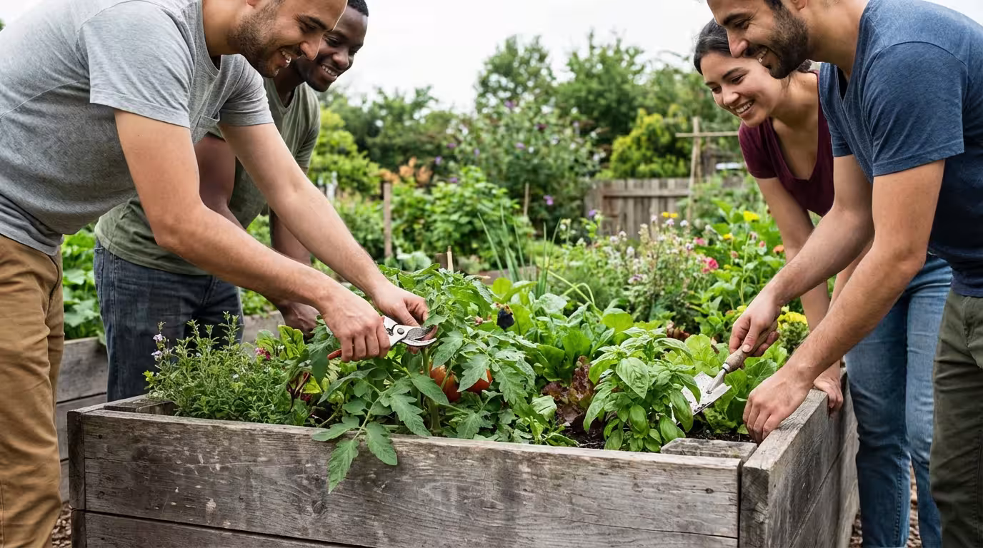 Friends gardening together at a raised planter box, tending to lush green plants.