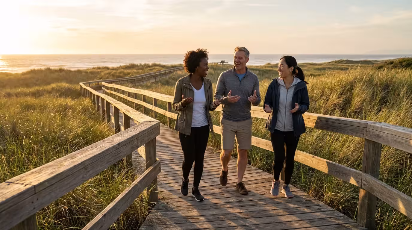 Friends walking energetically on a wooden nature trail during a golden sunset.