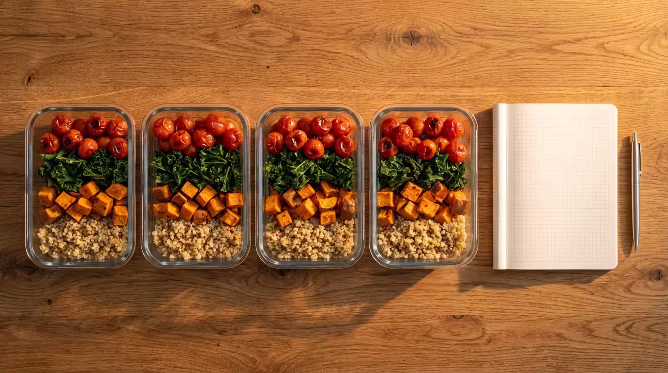 Glass meal prep containers with healthy food arranged on a wooden table during golden hour.