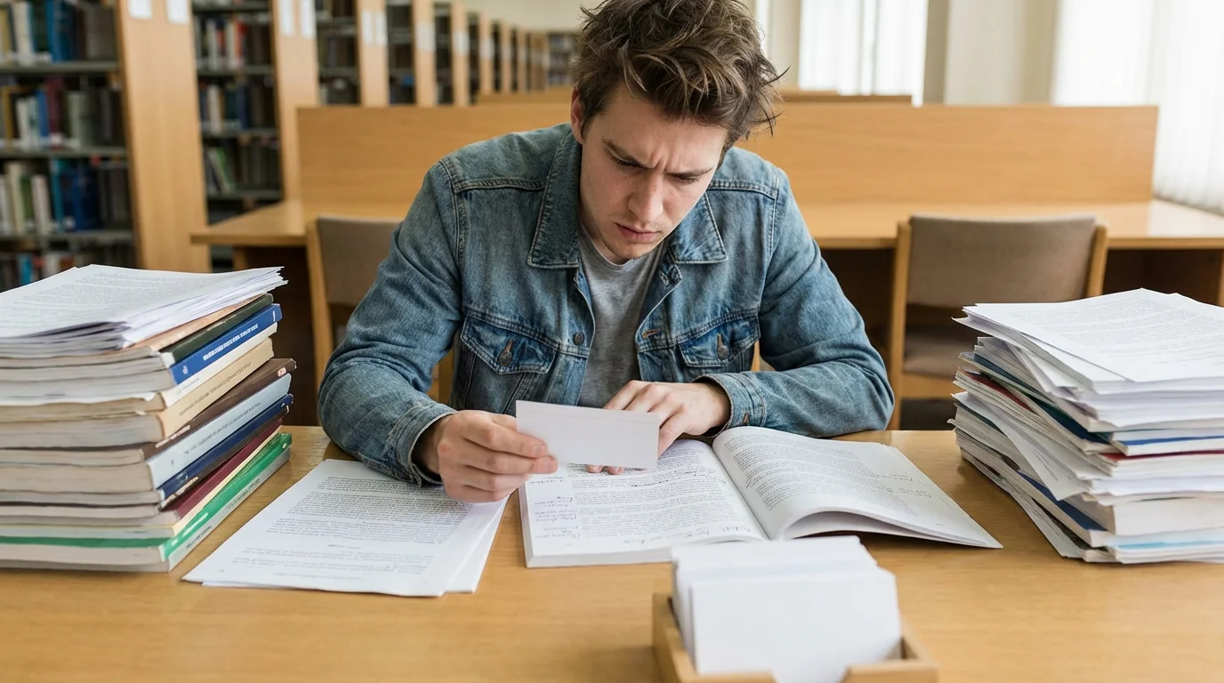 Graduate student overwhelmed by research papers organizes notes using the Zettelkasten method.