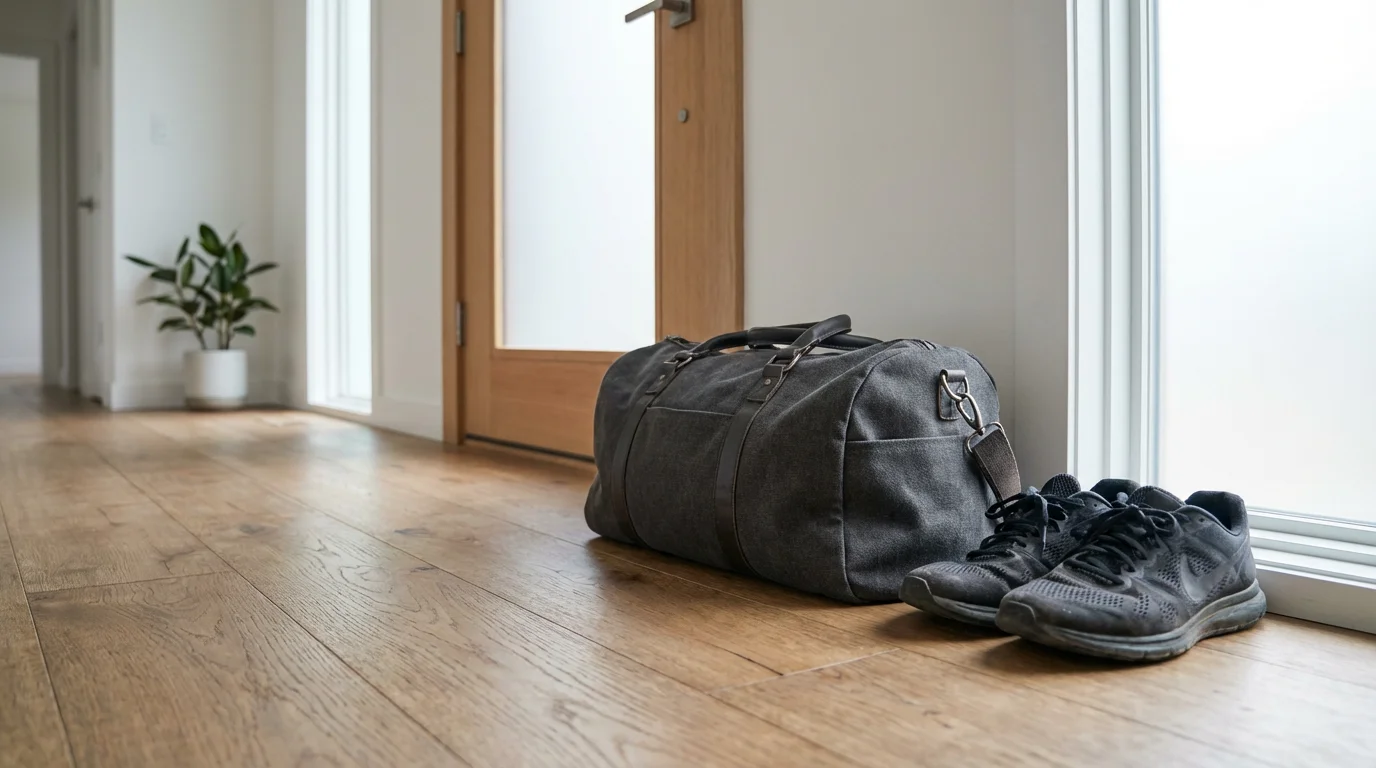 Gym bag and sneakers placed by a door as visual habit cues.