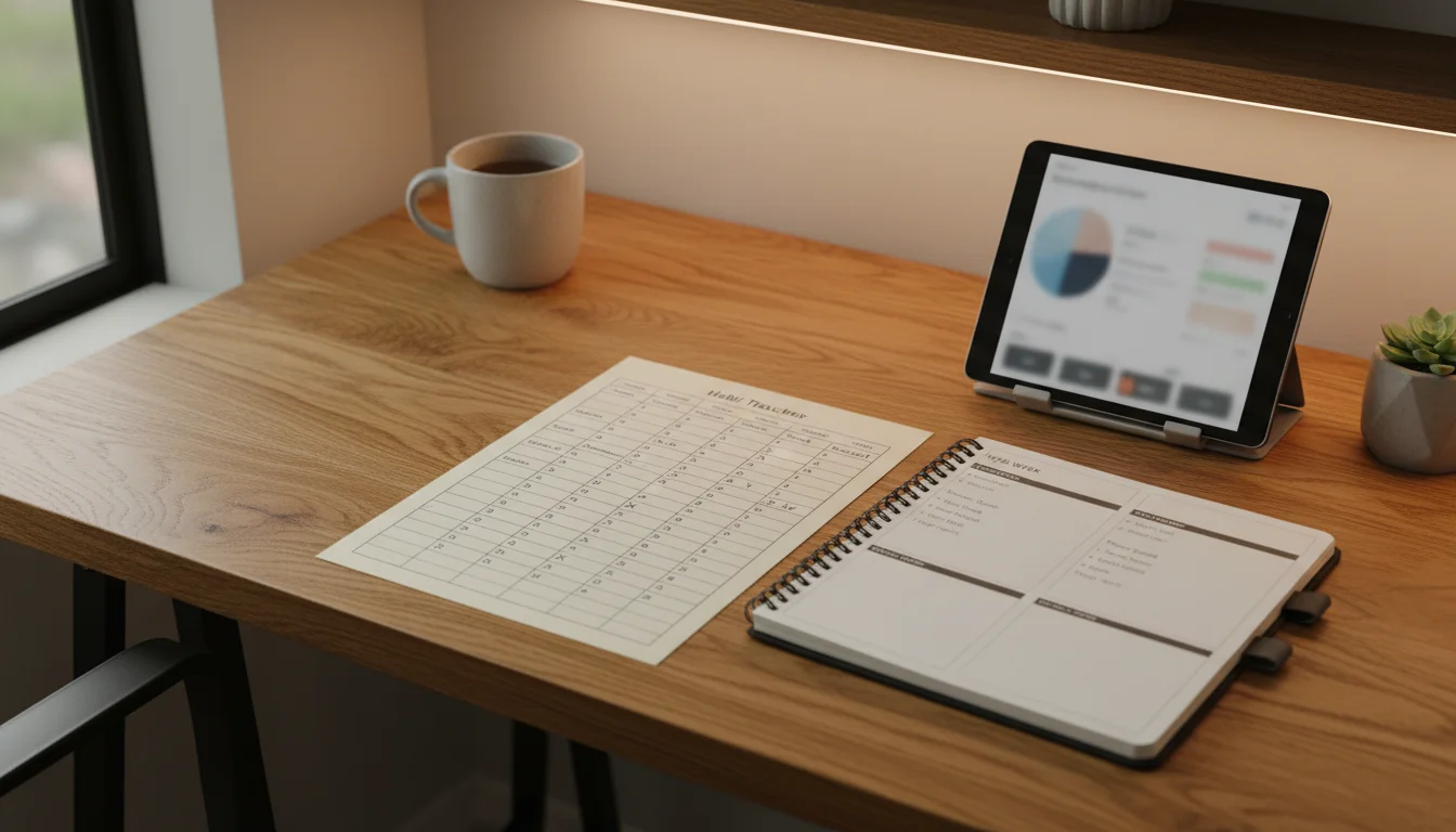A habit tracker sheet showing weeks of filled-in progress, a planner, and productivity tools on a tidy wooden desk.