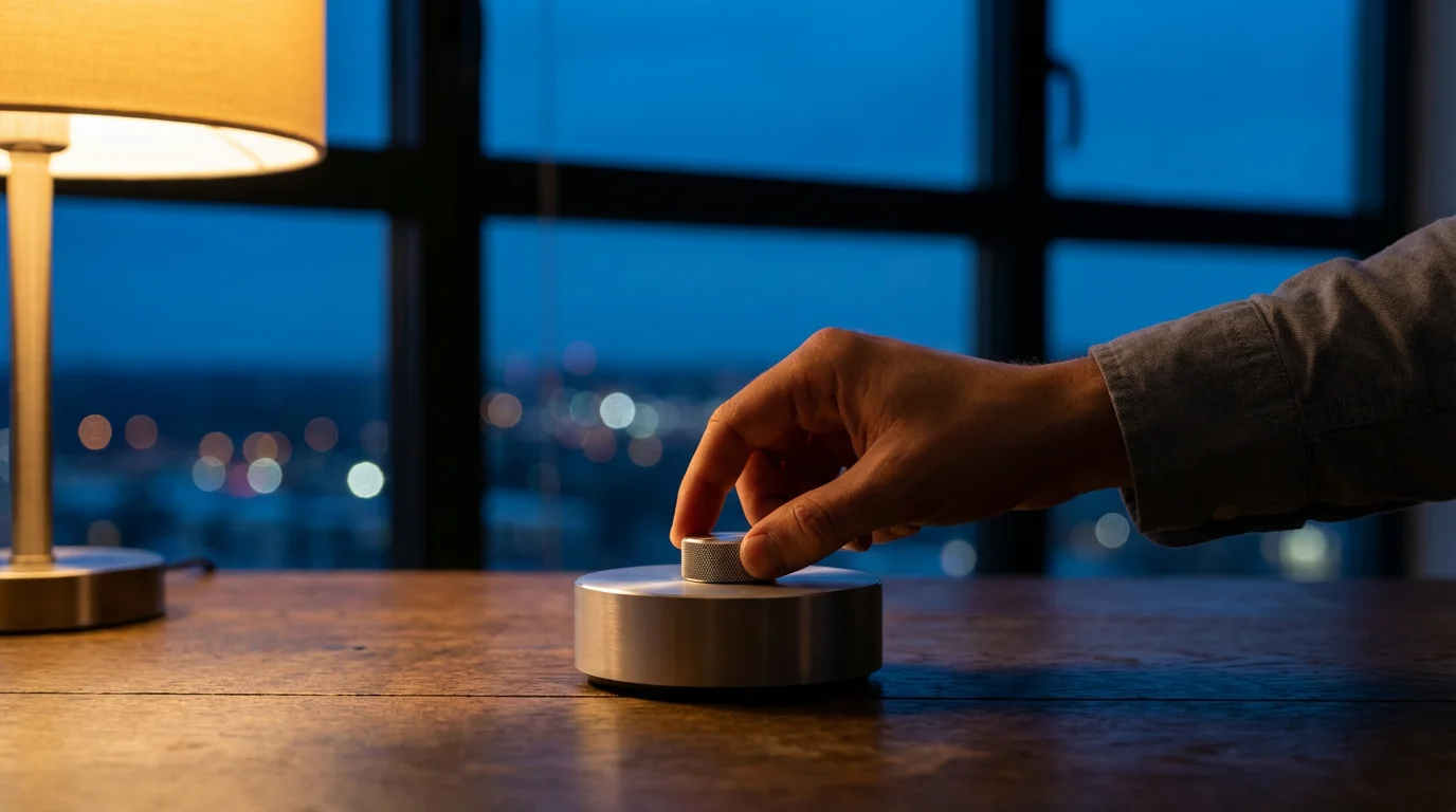 Hand adjusting volume on a sleek white noise machine during evening twilight in a home office.