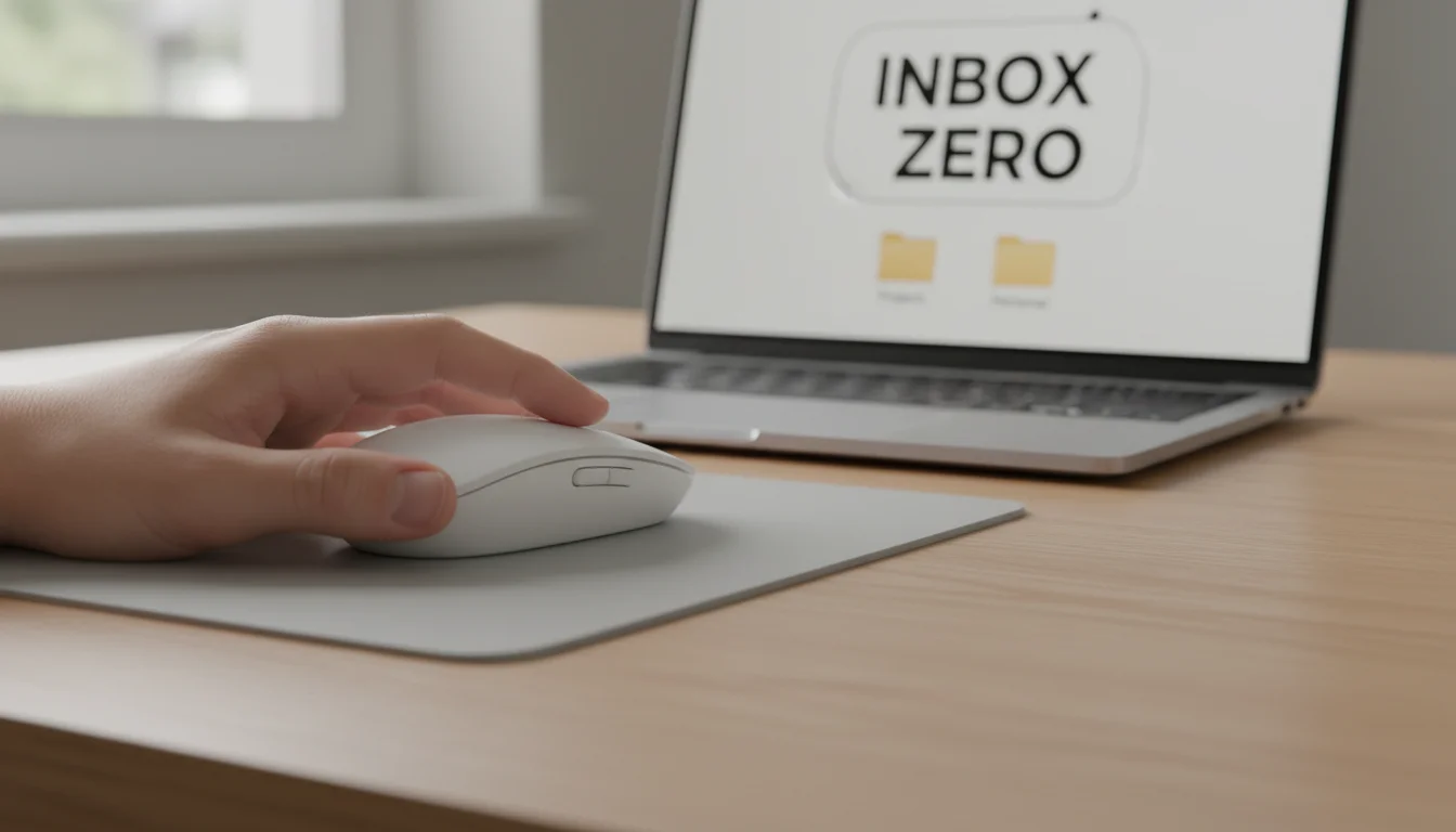 Close-up of a hand clicking a mouse on a minimalist desk, with an organized email inbox visible on a laptop screen in the background.