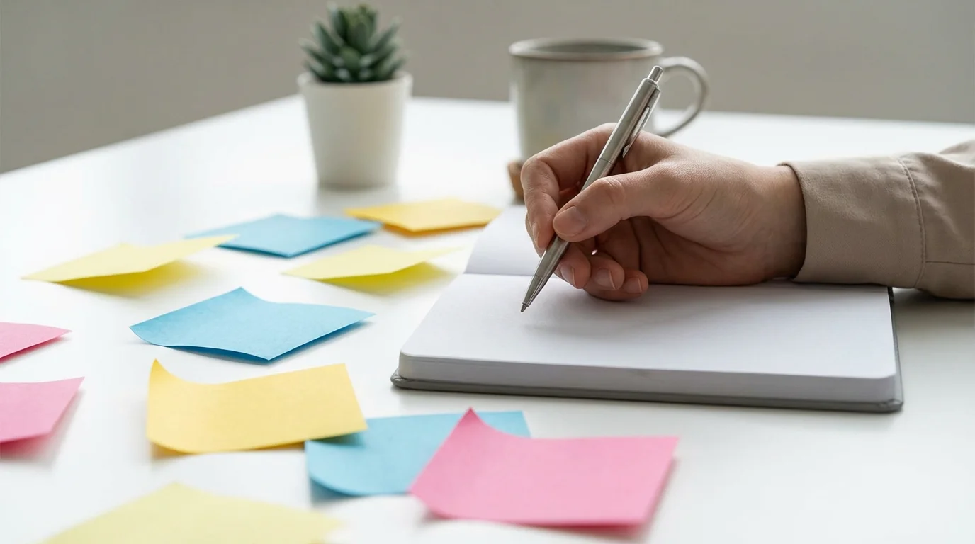 Hand holding a pen paused above a notebook, surrounded by scattered, colorful sticky notes.