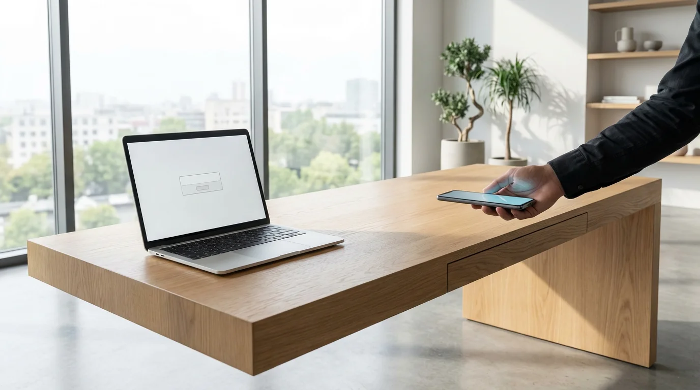 Hand holding a smartphone over a laptop keyboard in a bright, modern office, symbolizing two-factor authentication.