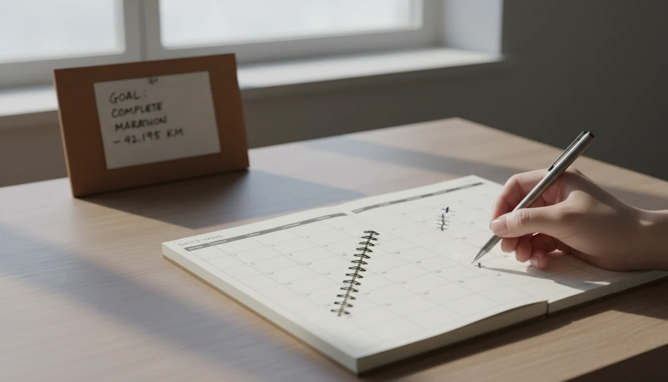 A hand holding a pen, marking an 'X' on an open daily planner, continuing a sequence of marked days. A blurred note with a long-term goal is in the ba