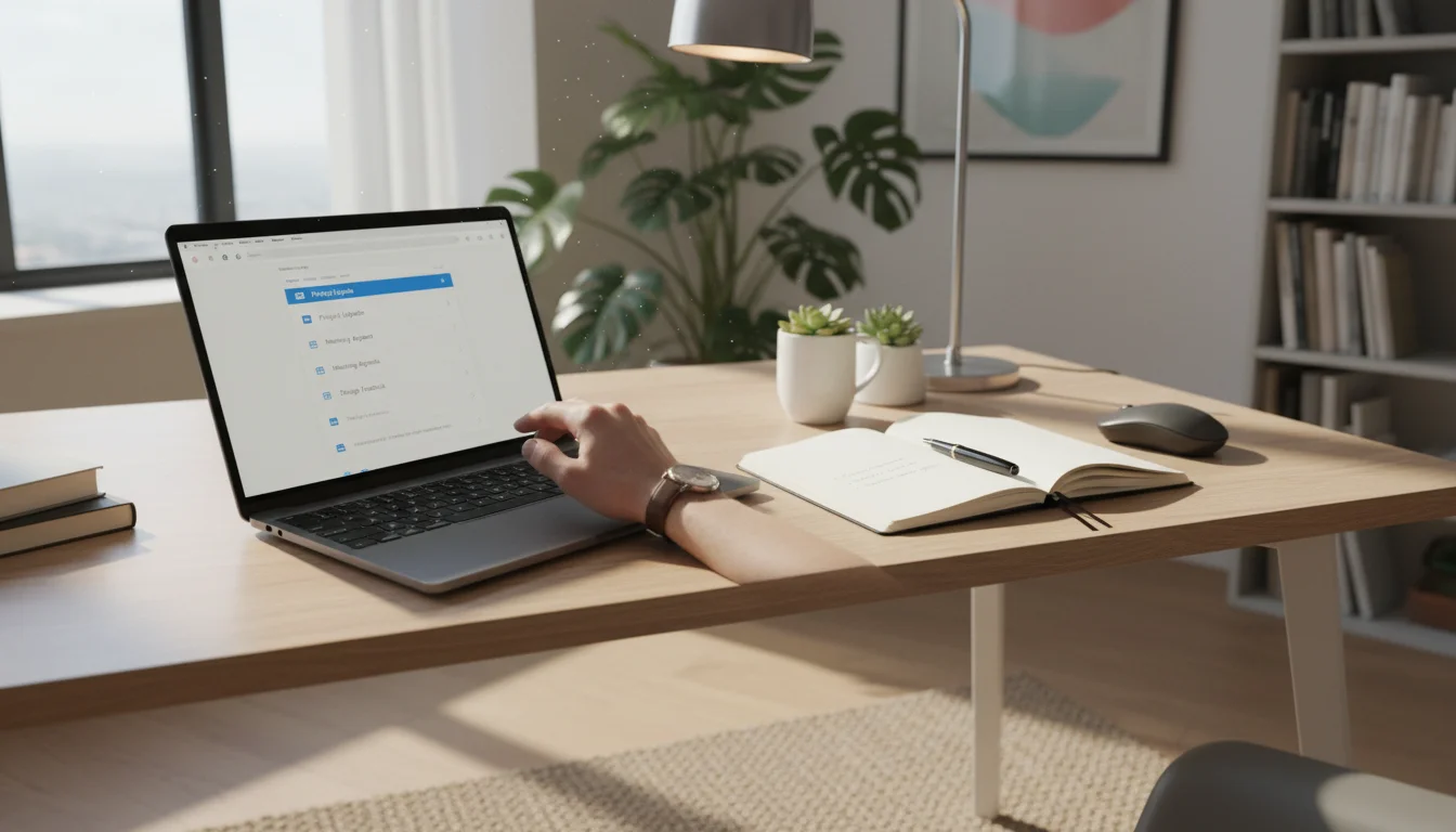 Hand hovering over a laptop trackpad, ready to click, on a clean desk with a notebook and organized index cards in natural light.