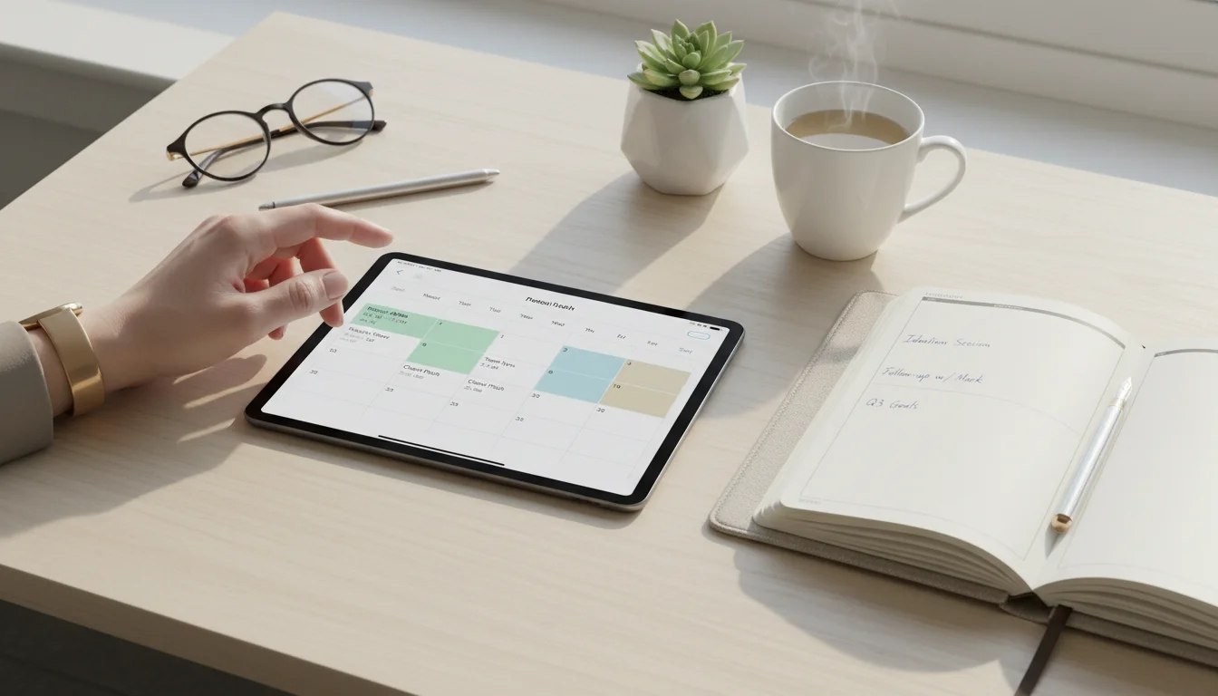 Hand hovering over a tablet displaying a digital calendar, beside an open planner and pen on a neat desk.
