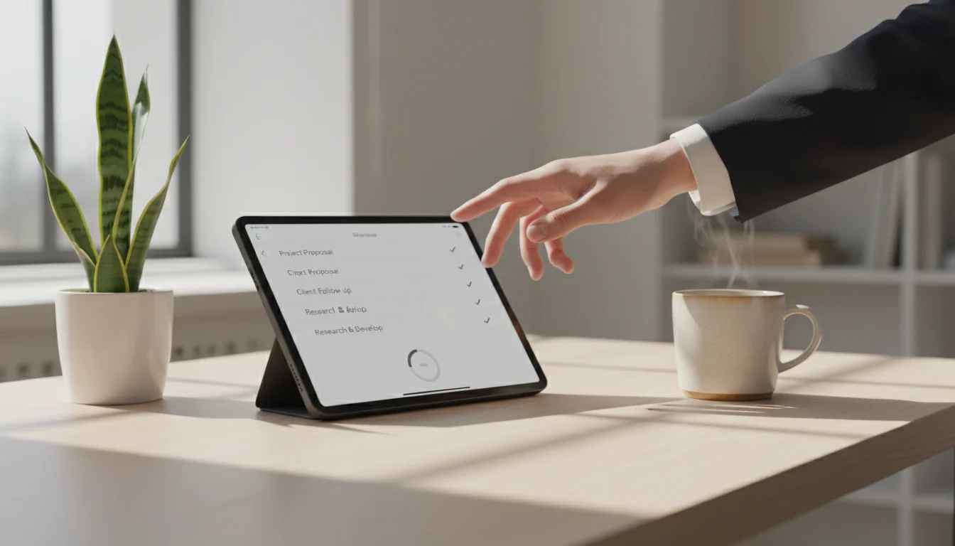 Hand hovering over a tablet displaying a simple digital task list on a clean wooden desk with a plant.