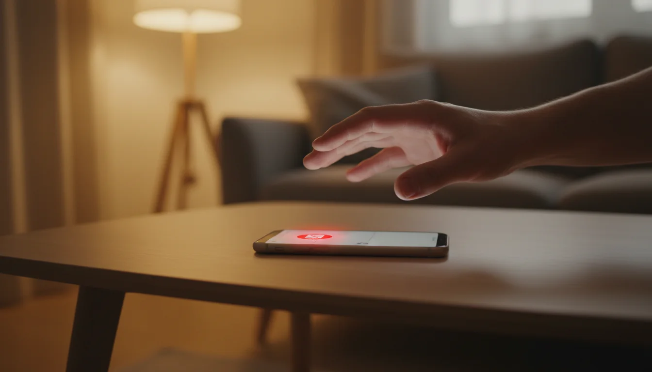 A hand hovers over a smartphone on a coffee table, displaying a red notification badge. The low-lit room suggests an after-work setting.