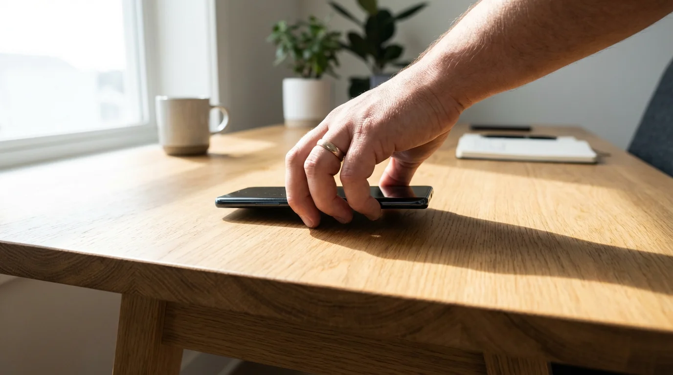 Hand intentionally placing a smartphone face down on a clean wooden desk to eliminate distractions.