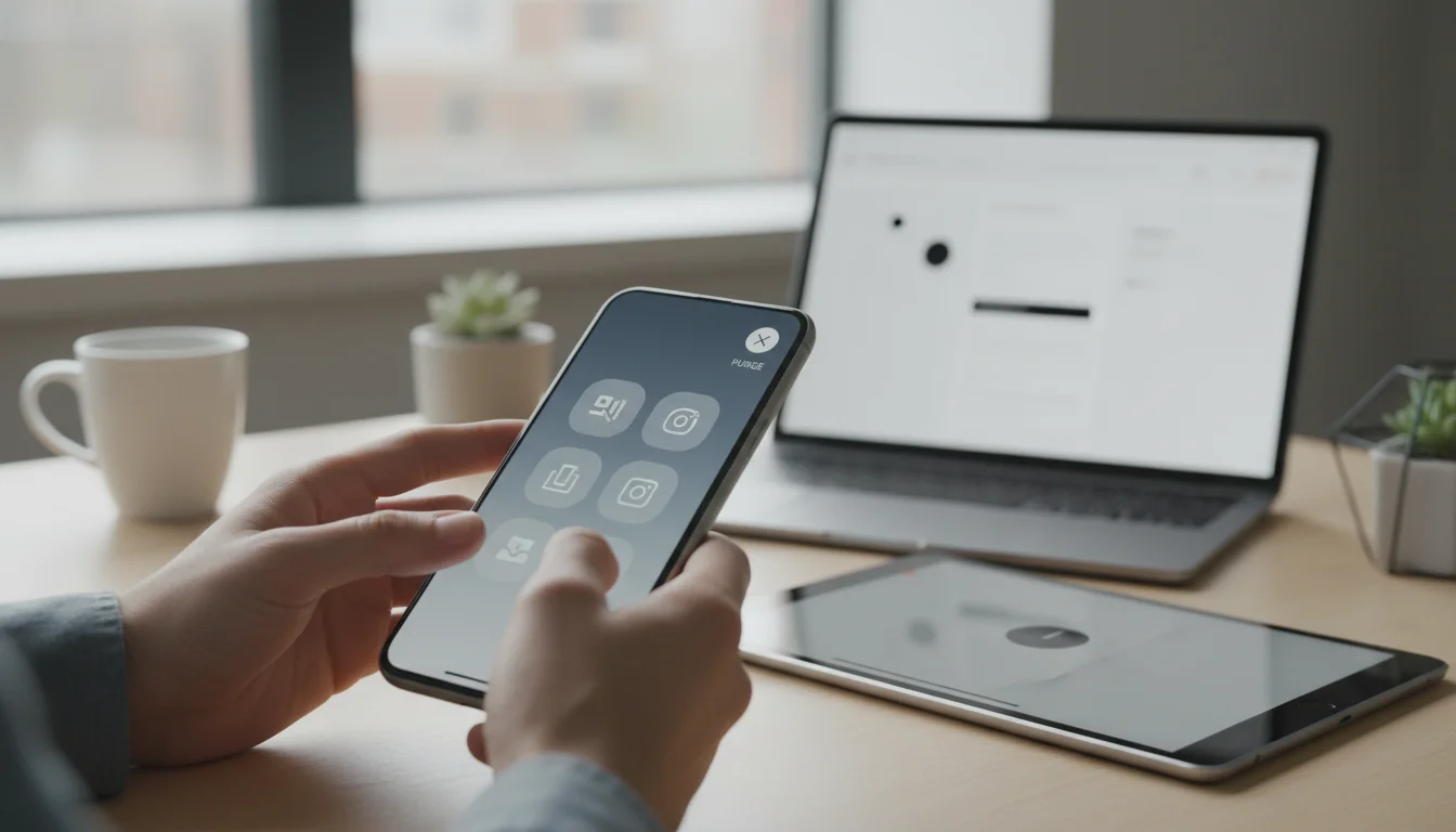 A close-up of a hand interacting with a smartphone displaying a minimalist app screen. A laptop and tablet with clean interfaces are blurred in the ba