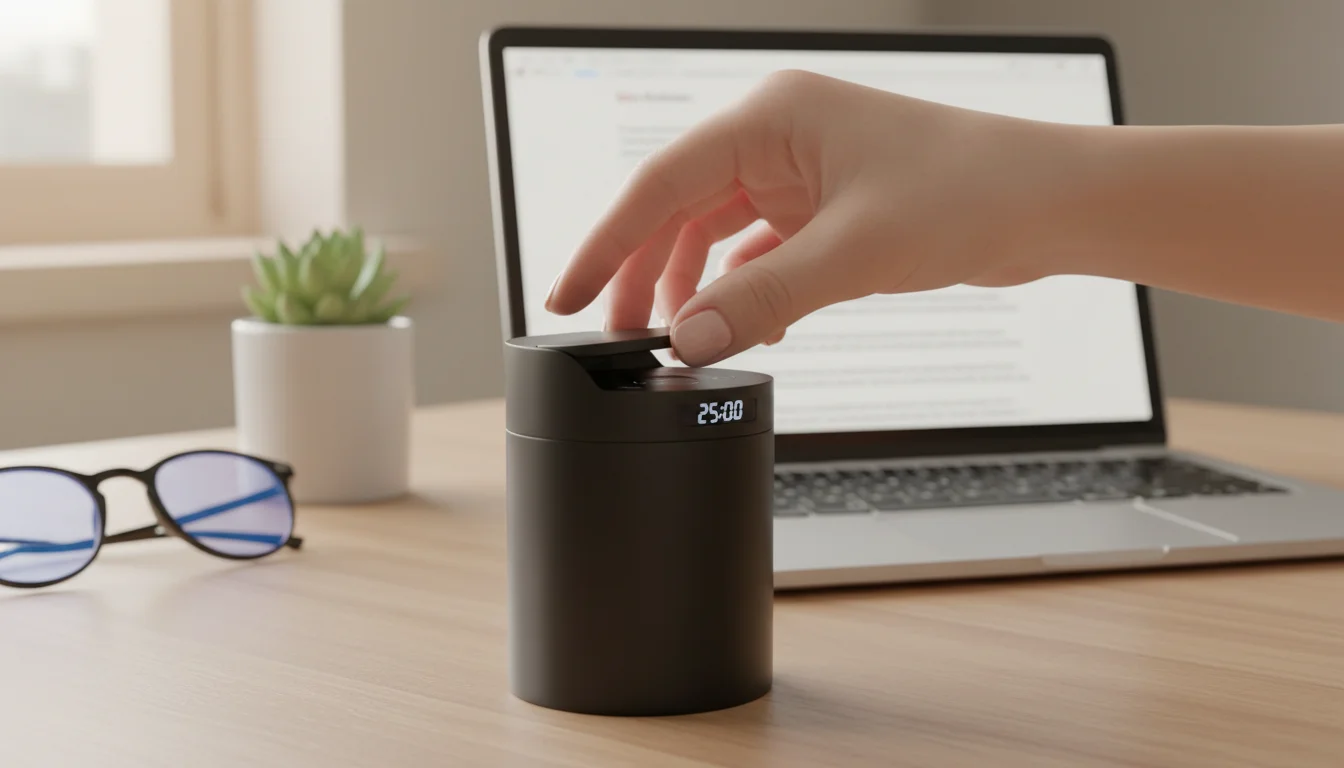 A hand interacts with a modern, matte red Pomodoro timer on a desk. A laptop and steaming mug are soft-focused in the background.