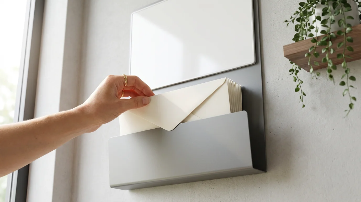 Hand sliding envelopes into a wall-mounted organizer with separate slots
