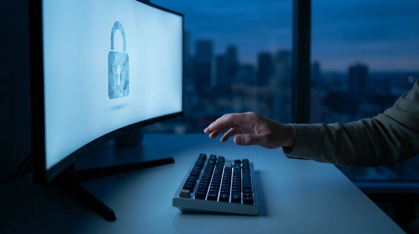 Hand paused over a laptop keyboard, illuminated by cool blue screen light during the evening.