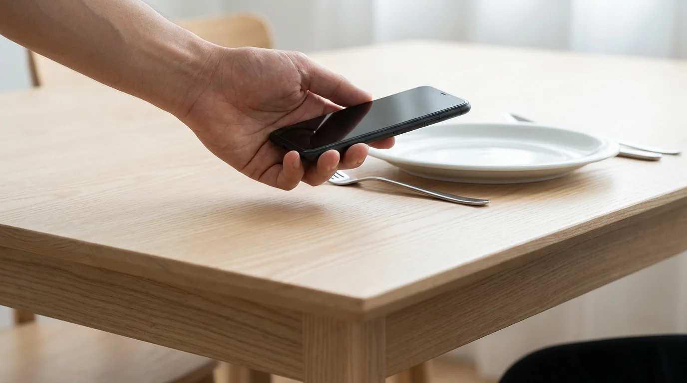 Hand pausing before placing a smartphone on a minimalist dining table, symbolizing a digital relapse moment.