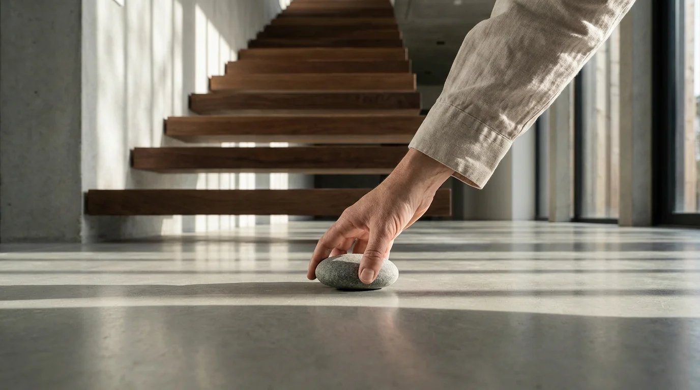 Hand picking up a single smooth stone at the base of a modern staircase. Moody afternoon light.