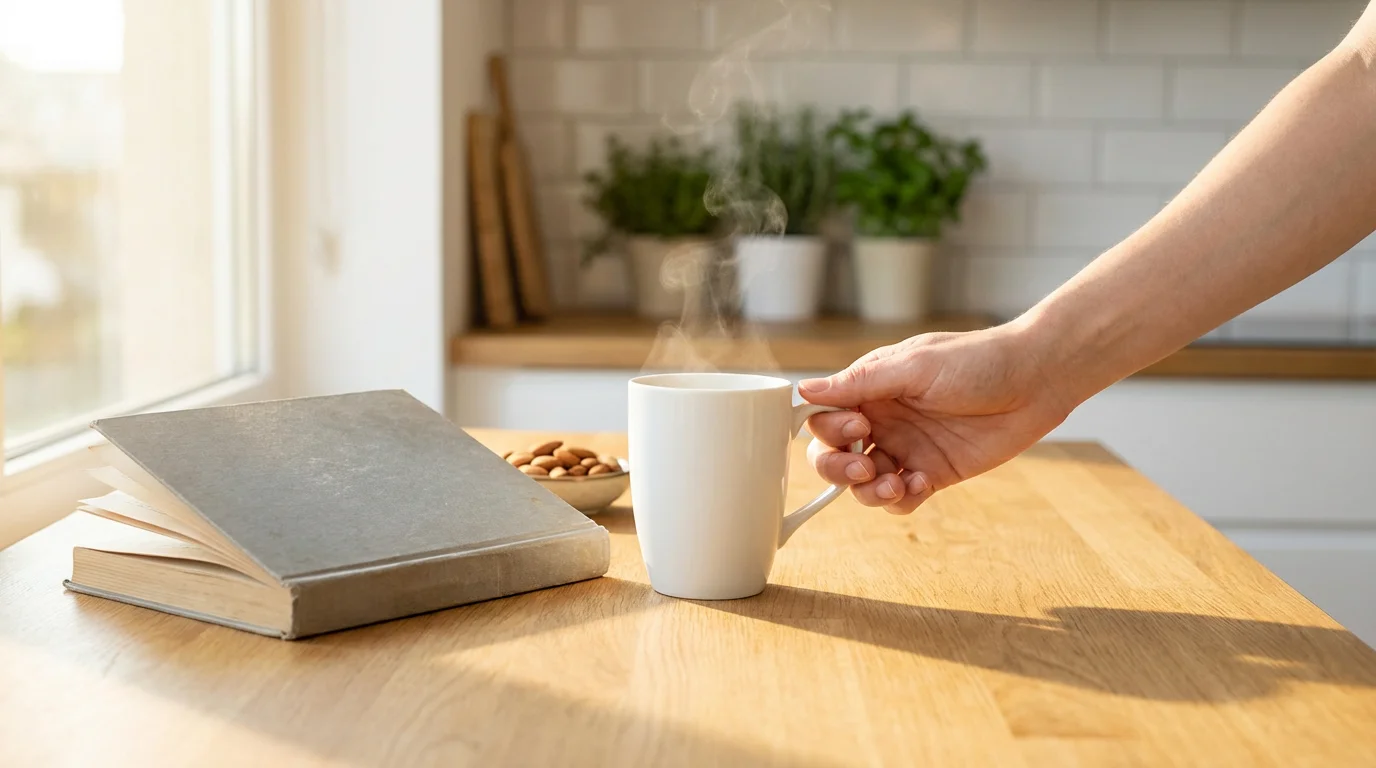 Hand placing a coffee mug next to an unmarked book on a counter, demonstrating habit stacking.