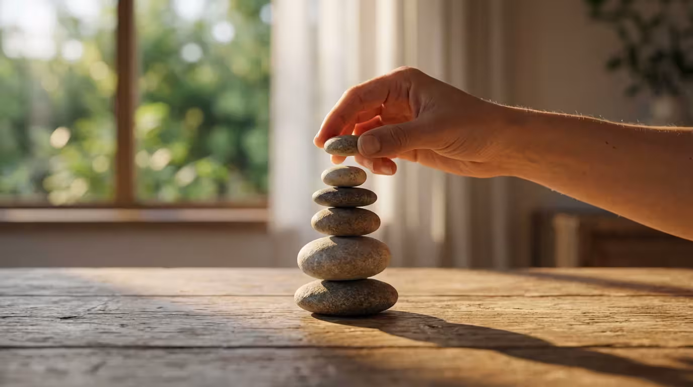Hand placing a small stone on a balanced rock stack in soft light